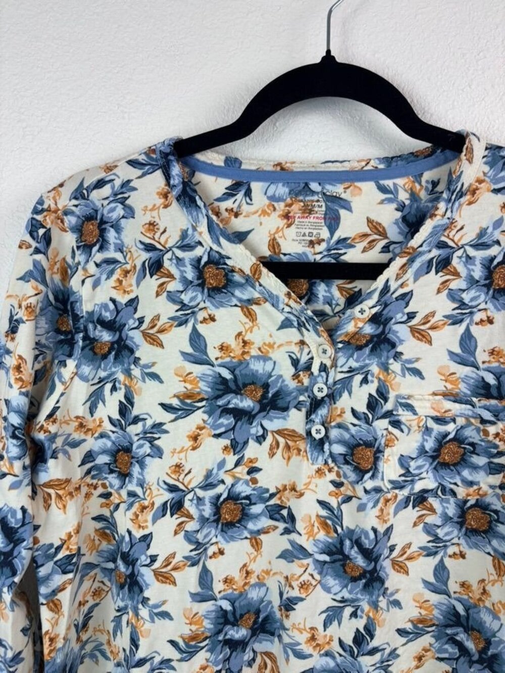 Poppy & Clay medium blue floral long sleeve 100% organic cotton nightgown lounge - Picture 2 of 5